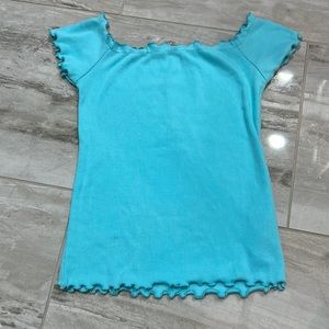 Hollister Women’s blue of-the-shoulder tee with lettuce trim. Size S.